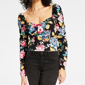 LEYDEN Women's Floral Ruched-Sleeve‎ Cropped Bustier Top - S